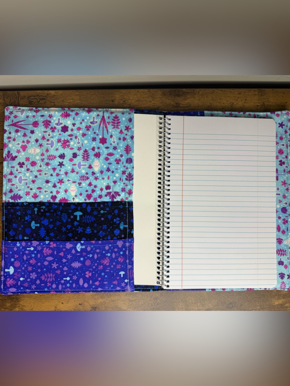 Handmade Floral & Mushroom Fabric Notebook Cover in Aqua and Purple